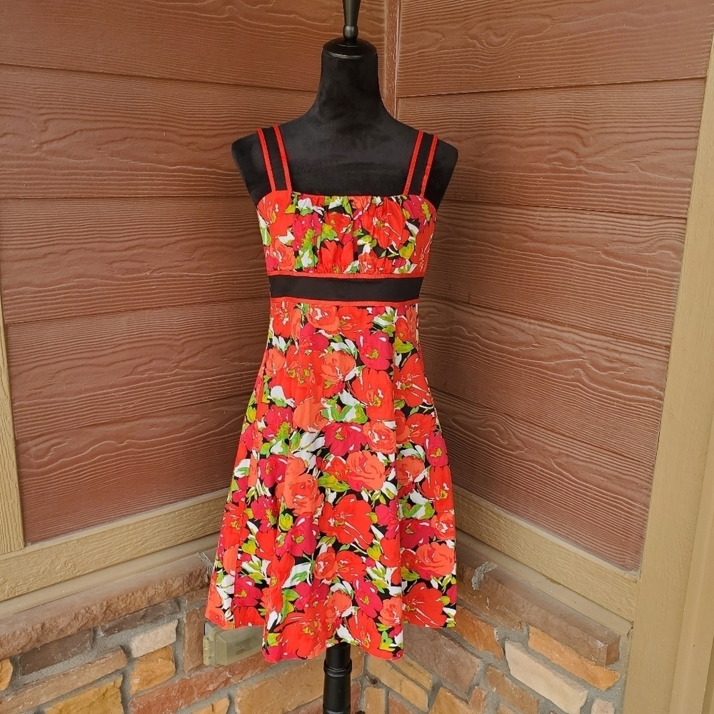 R&K Originals Red A-Line Floral Midi Sundress Size 8 Women's EUC